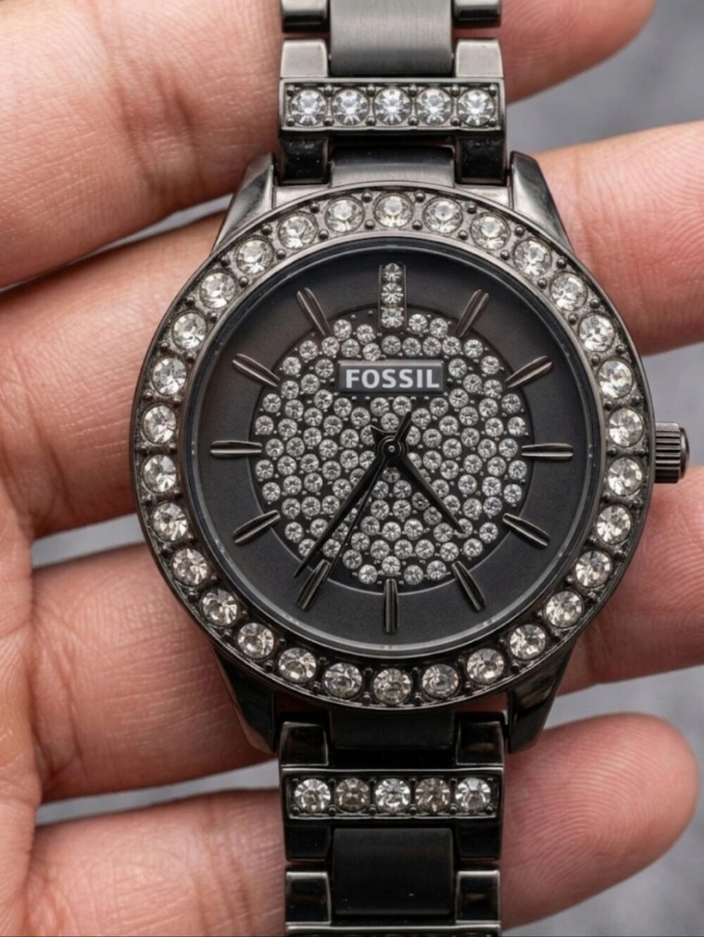 Fossil ES3658 Gunmetal Watch with Clear Crystal Dial and Bezel